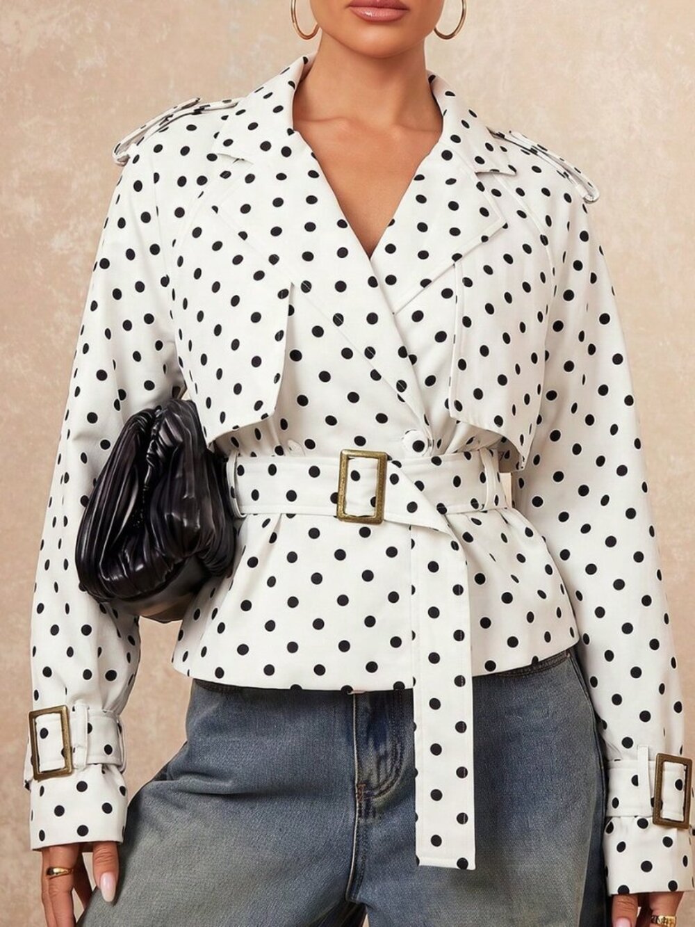 Apricot Casual Women's Polka Dot V Neck Regular Sleeve Short Trench Coat Jacket